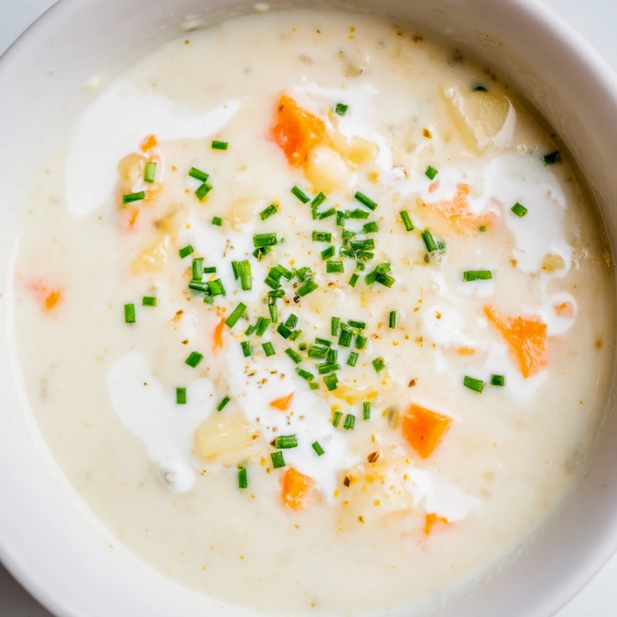 Creamy Potato Soup with Chives in a white bowl, showing a smooth texture and fresh green garnish, perfect for chilly winter evenings.