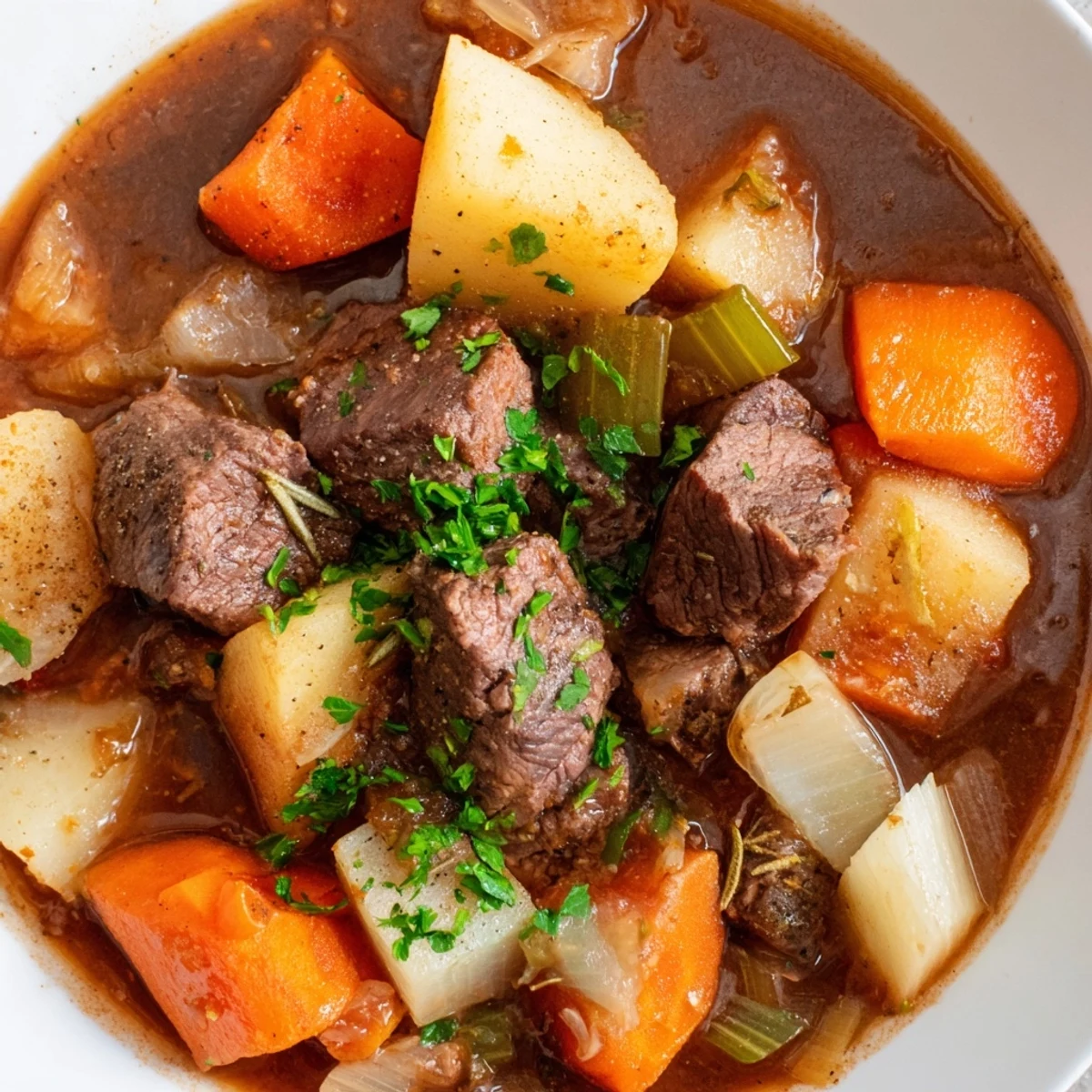 Close up view of Irish Beef and Vegetable Stew showing soft potatoes carrots parsnips and turnips mingling with beef in a thick gravy.