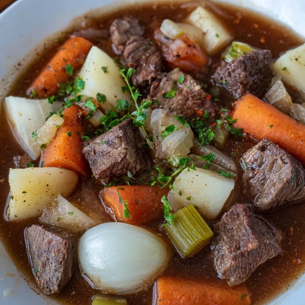 Steaming hot Irish Beef and Vegetable Stew ladled into a bowl, garnished with fresh parsley and paired with crusty bread on the side.