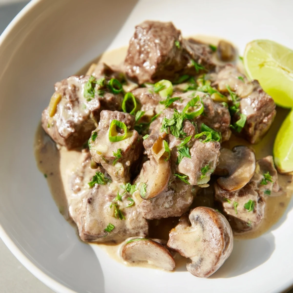 The Lemongrass Coconut Braised Beef with Mushrooms steams in a rustic Dutch oven, garnished with fresh cilantro and lime wedges.