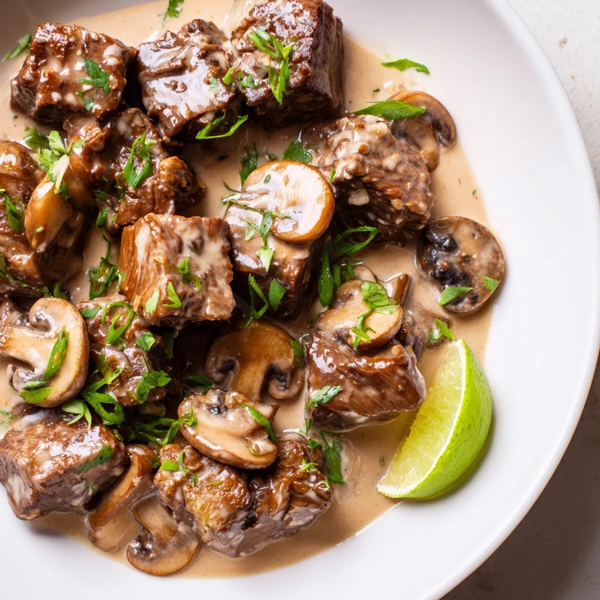 A close view of Lemongrass Coconut Braised Beef with Mushrooms shows glossy sauce and sliced scallions on a wooden table.
