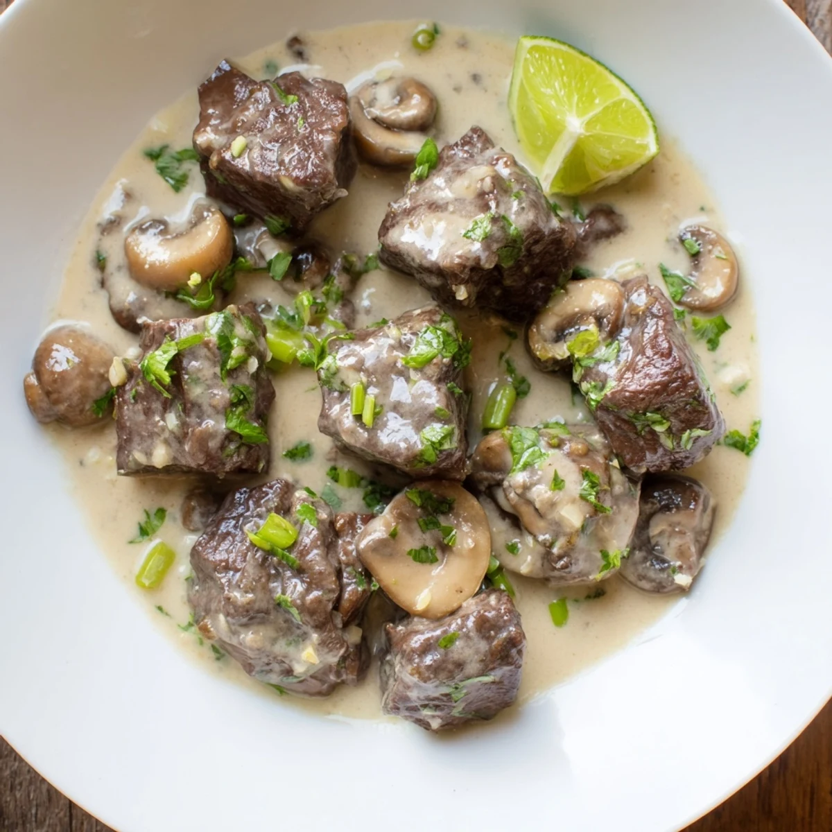 Savory Lemongrass Coconut Braised Beef with Mushrooms served in a shallow bowl over fluffy white rice, featuring tender chunks and herbs.