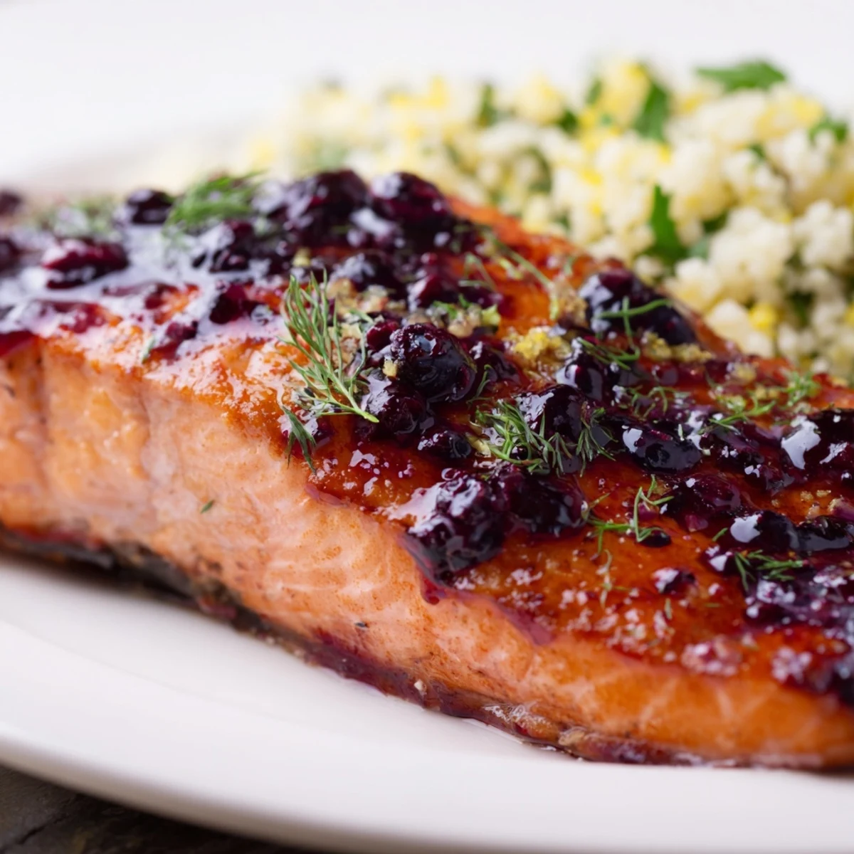 A close-up of Blueberry Glazed Salmon with Lemon Herb Couscous showing glossy, deep purple glaze on the salmon and fluffy, herb-flecked grains.