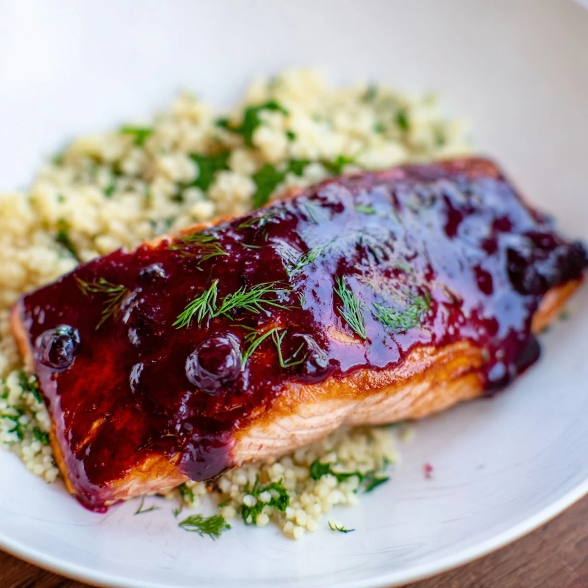 Overhead view of Blueberry Glazed Salmon with Lemon Herb Couscous, plated with lemon wedges and fresh herbs for a vibrant, weeknight-friendly main dish.