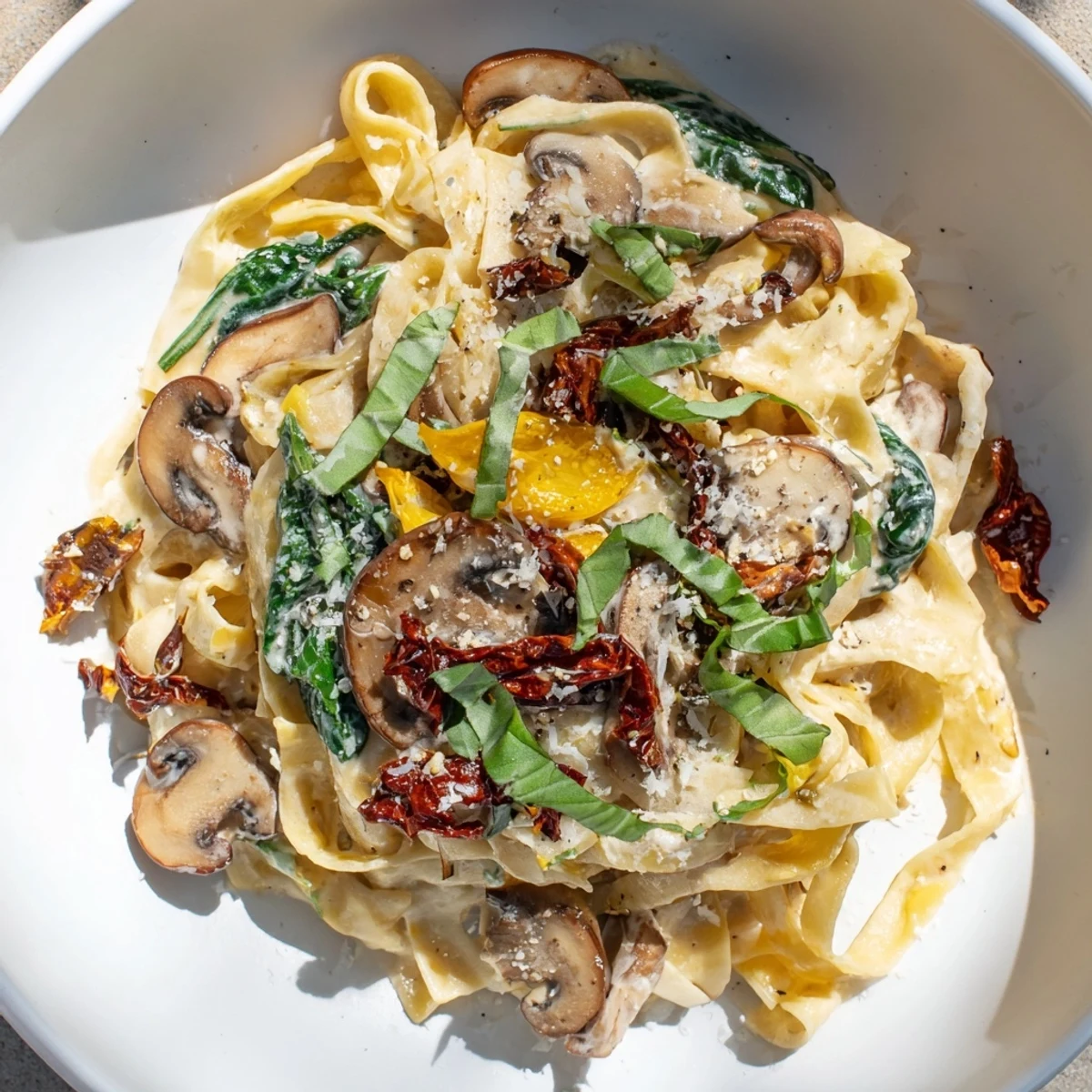 Creamy Tuscan Mushroom Pasta Skillet served steaming in a skillet with fresh basil garnish and a wooden spoon.