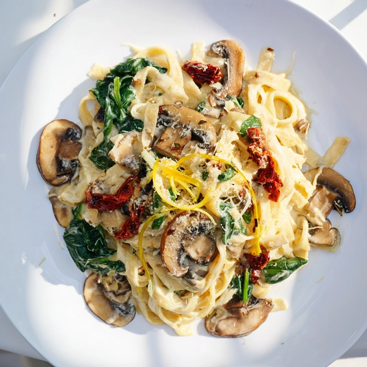 Close-up of Creamy Tuscan Mushroom Pasta Skillet with penne coated in sauce, sun-dried tomatoes, and melted Parmesan.