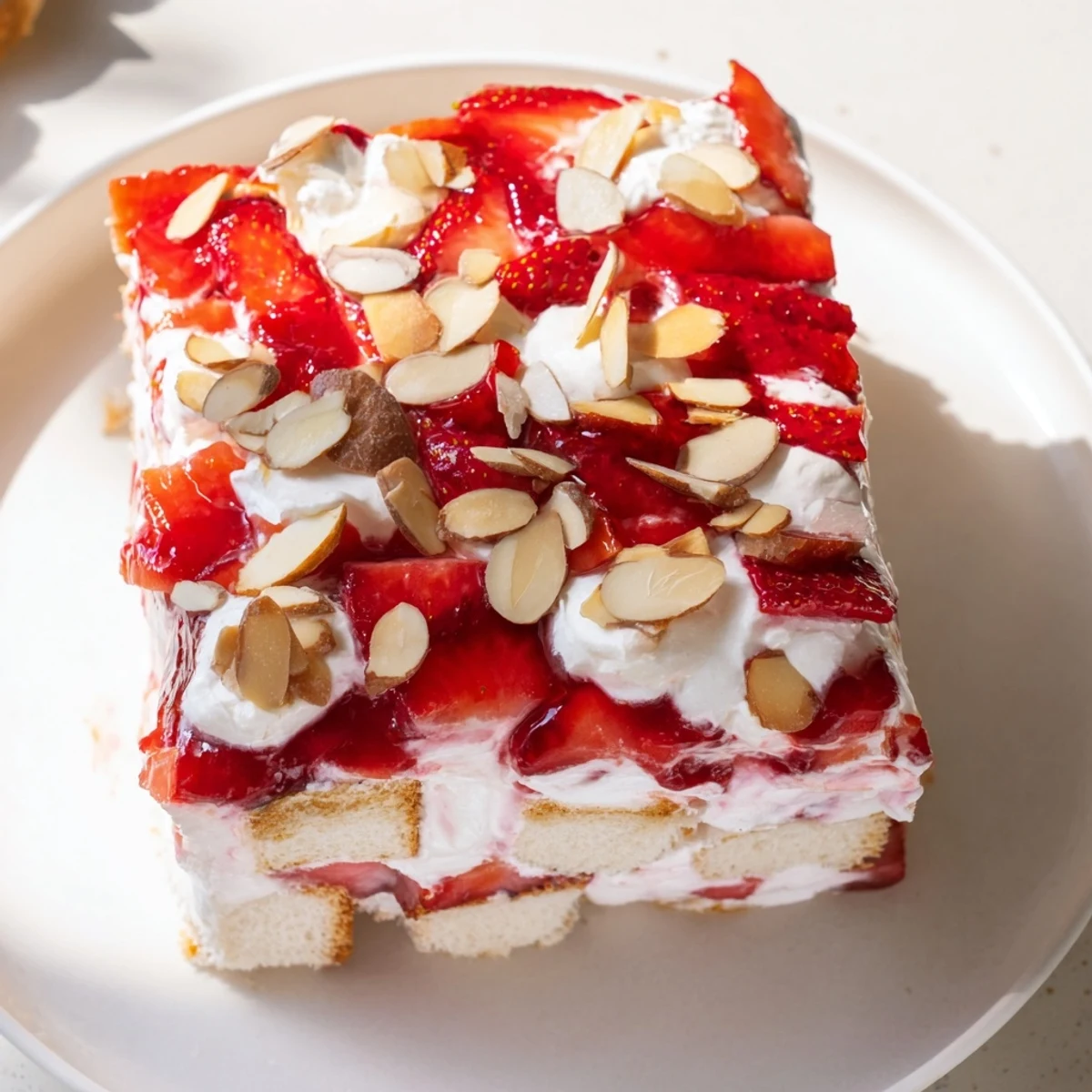 A close-up view of the Heaven on Earth Cake, with layers of pink strawberry filling, fluffy angel food cake, and smooth white vanilla pudding in a glass trifle dish.