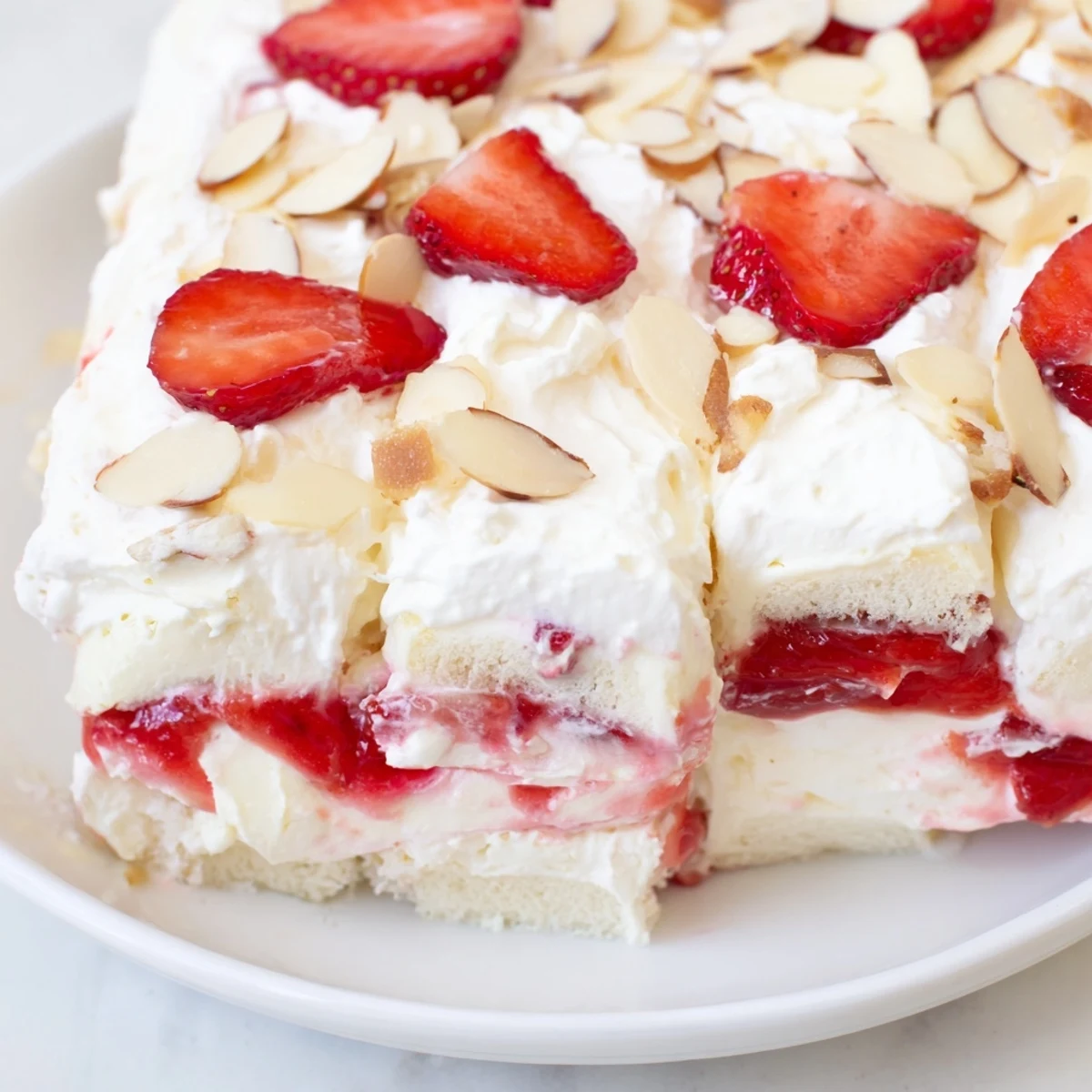 The layered Heaven on Earth Cake showcases a creamy vanilla and sour cream mixture topping the strawberry and cake layers, ready to serve chilled.