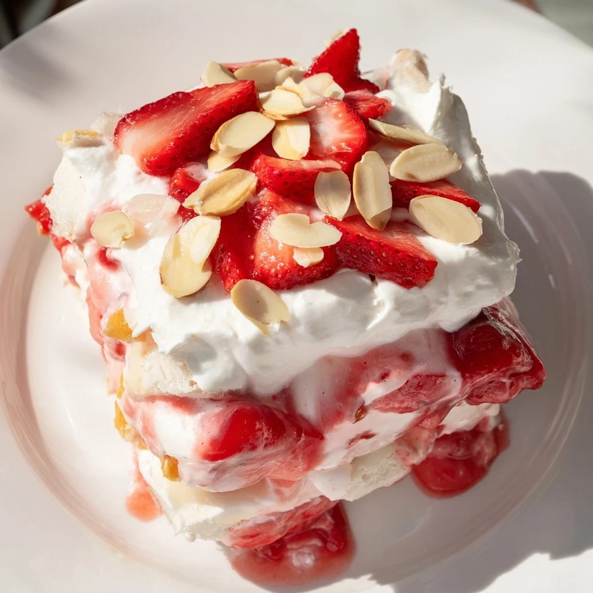 Sliced portions of the Heaven on Earth Cake are served on white plates, garnished with fresh strawberry slices and a light dusting of powdered sugar.
