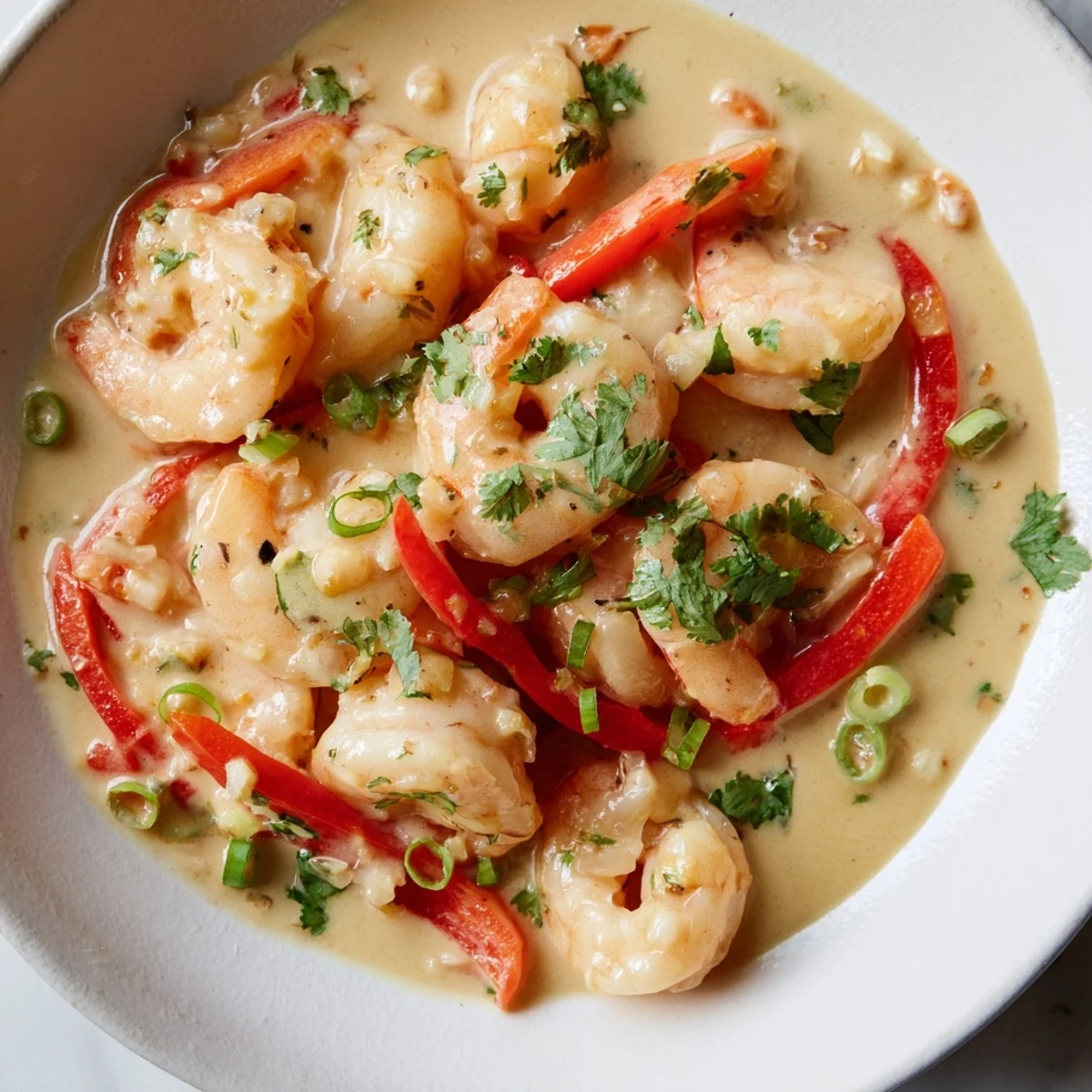 A close-up of Garlic Shrimp in Coconut Milk plated with rice and lime wedges, steaming gently on a table.