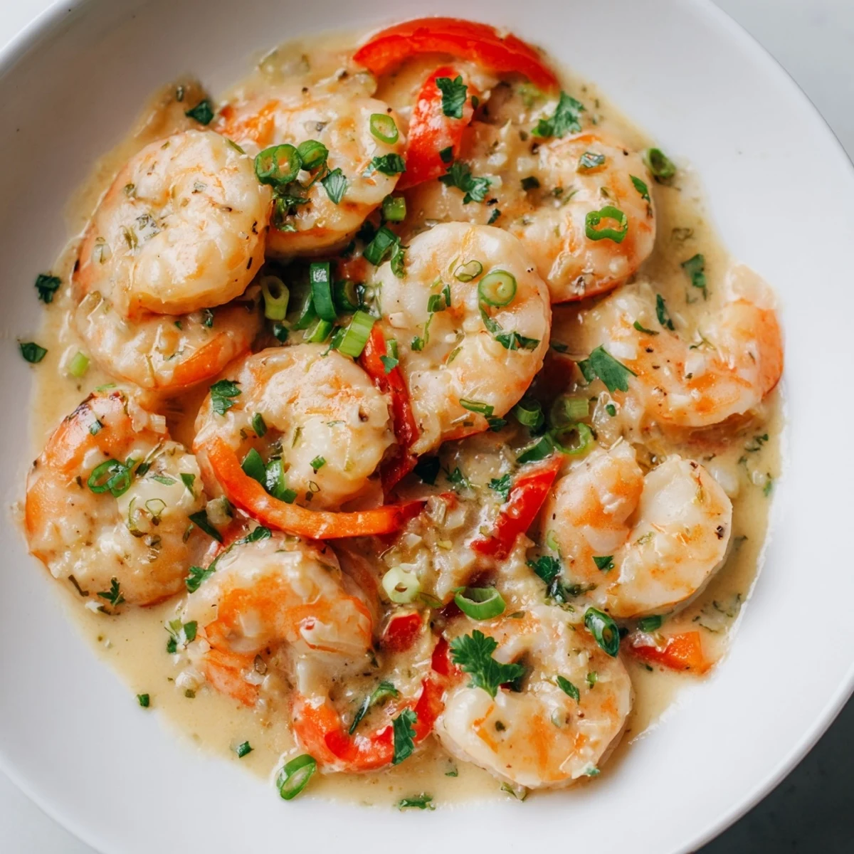 Juicy Garlic Shrimp in Coconut Milk served in a shallow bowl, topped with green onions and sliced red pepper.