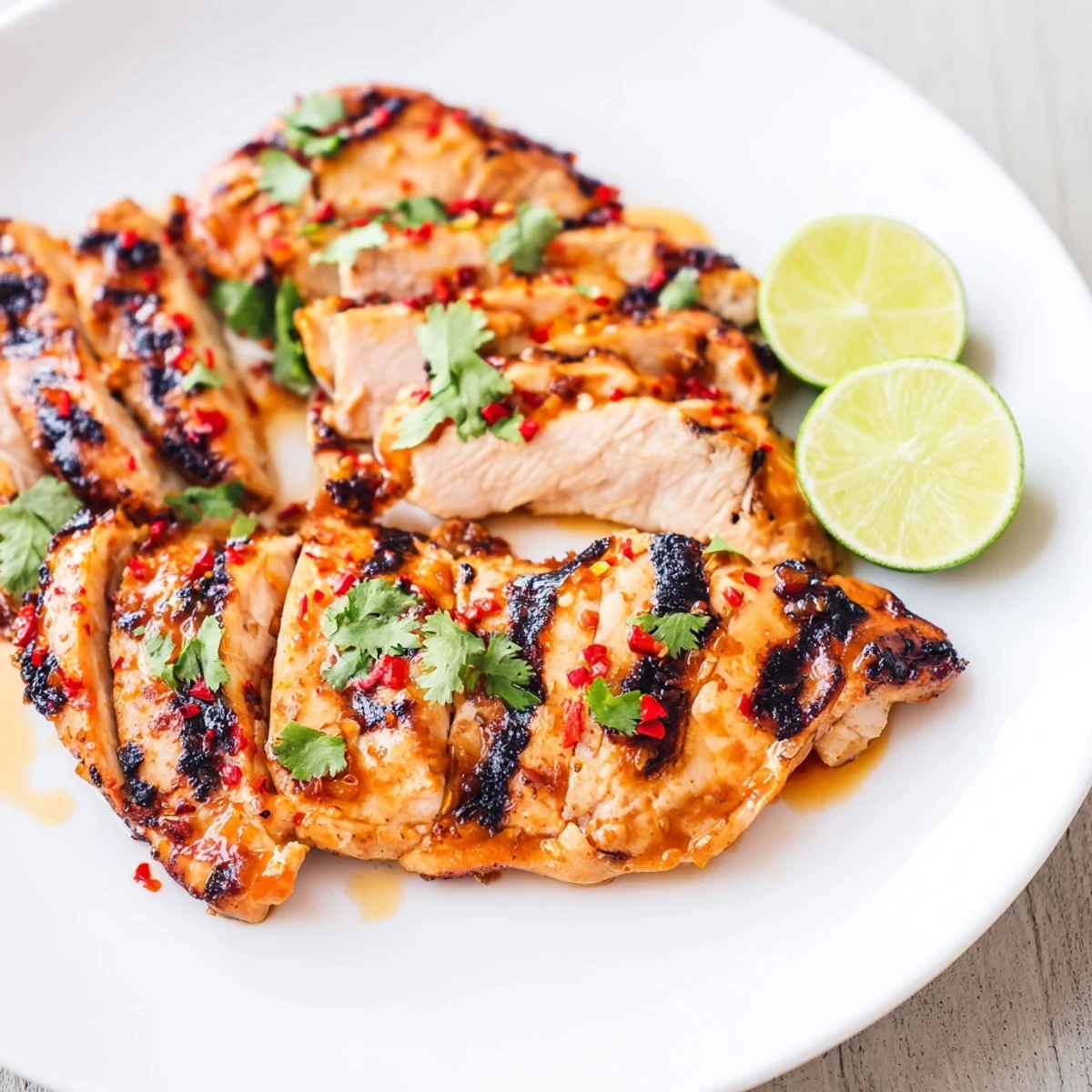 Grilled Spicy Honey Lime Chicken breasts glazed and garnished with cilantro and lime wedges.
