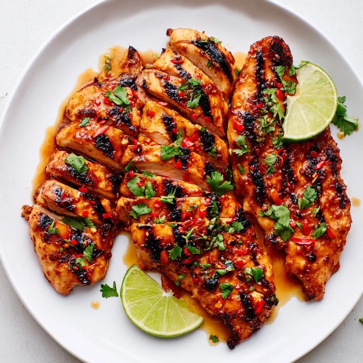 Spicy Honey Lime Chicken on a plate with rice and grilled vegetables for a complete meal.