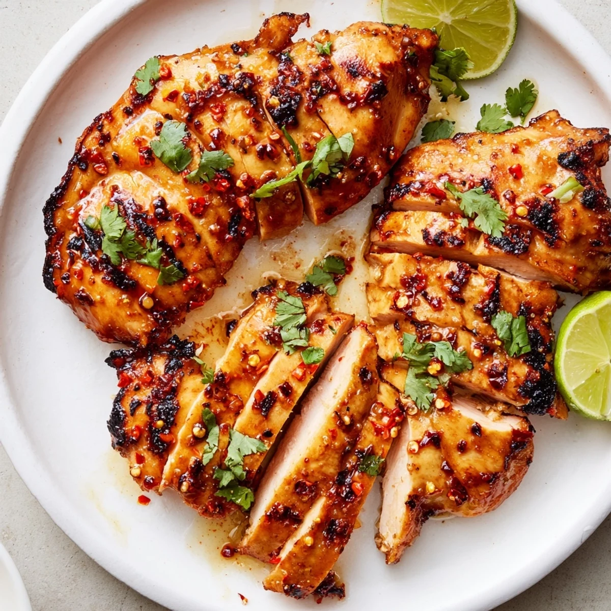 Juicy slices of Spicy Honey Lime Chicken fresh off the grill with smoky char marks.