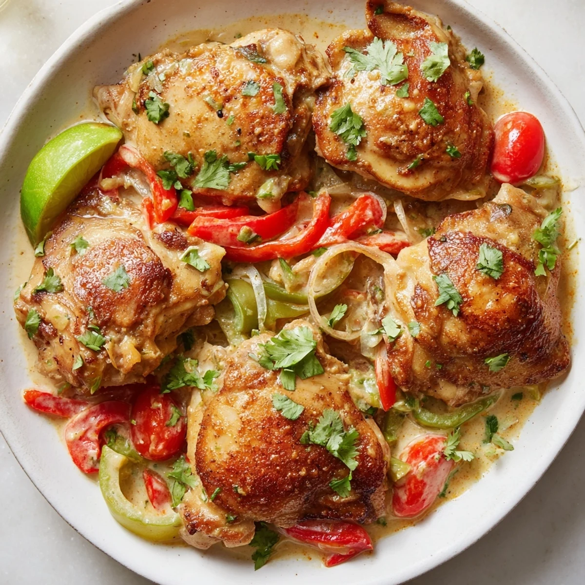 A close-up of Brazilian Coconut Chicken served over steamed white rice, garnished with fresh cilantro and lime wedges.