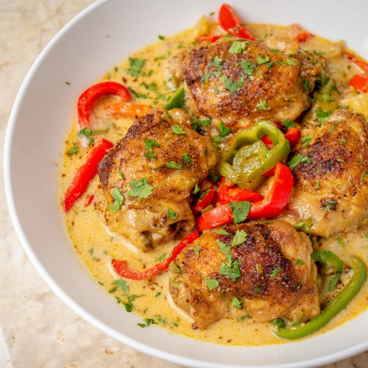 Aromatic Brazilian Coconut Chicken simmering in creamy coconut sauce with vibrant red and green bell peppers.
