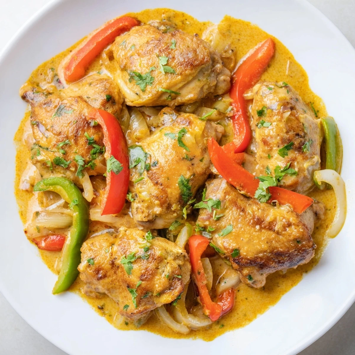 Hearty Brazilian Coconut Chicken in a rich, fragrant sauce, perfect with a side of farofa and lime.