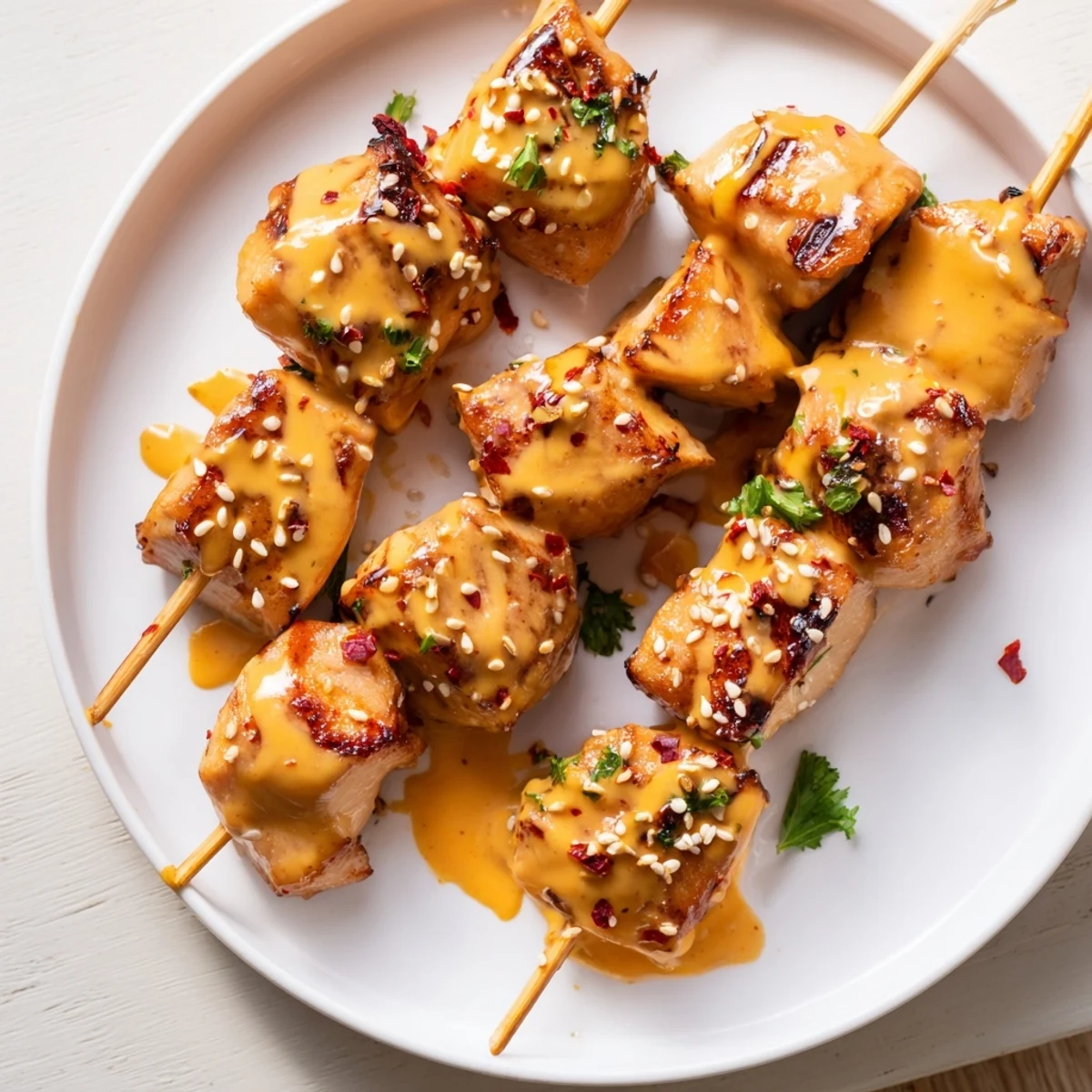 Skewered Bang Bang Chicken grilling with smoky char, brushed in creamy spicy-sweet sauce for an easy dinner.