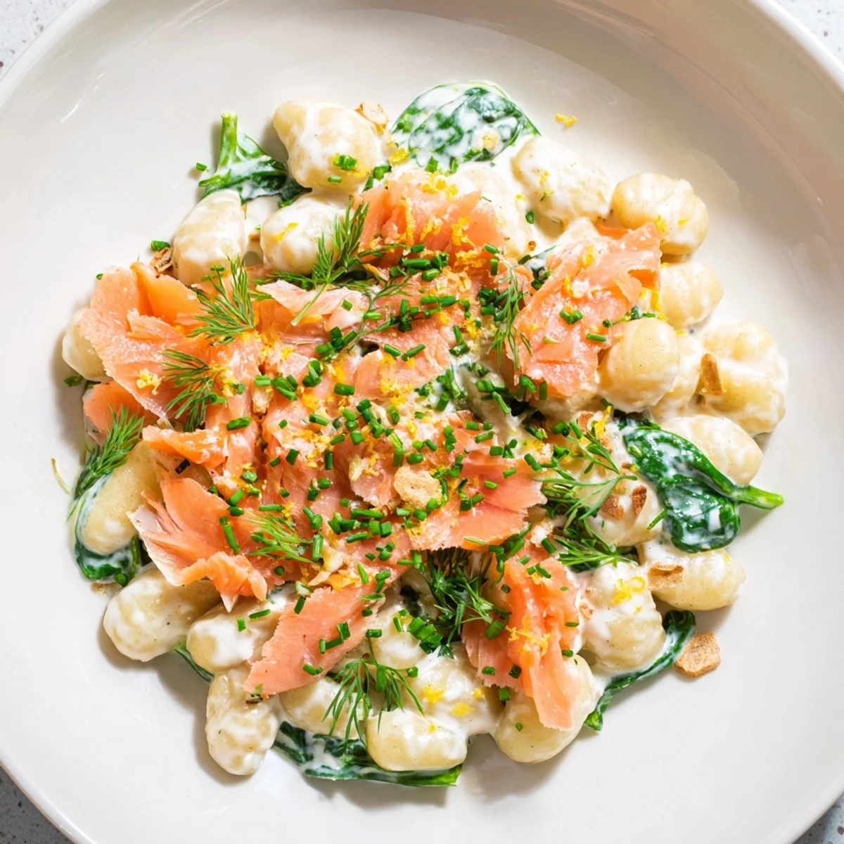 A close-up of Healthy Smoked Salmon Gnocchi tossed with spinach and silky salmon strips in a light sauce.