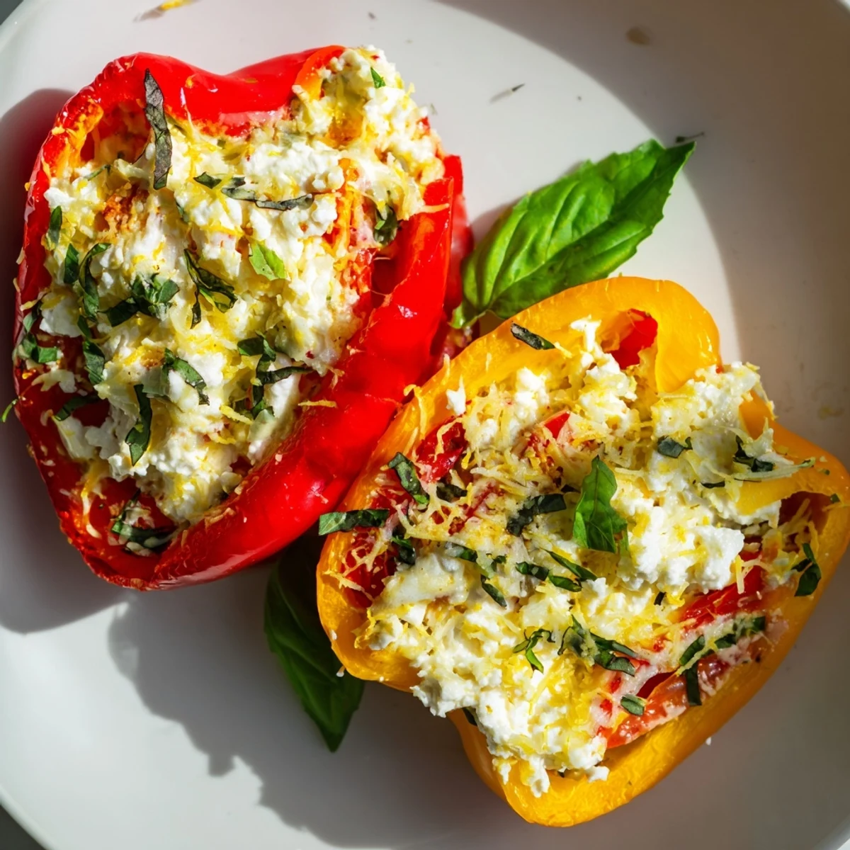 Freshly prepared Ricotta Stuffed Peppers with creamy filling, chopped herbs, and lemon zest ready for the oven.