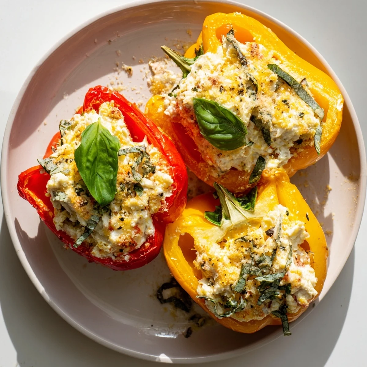 Golden-baked Ricotta Stuffed Peppers with melted mozzarella, fresh basil, and a sprinkle of Parmesan in a white dish.
