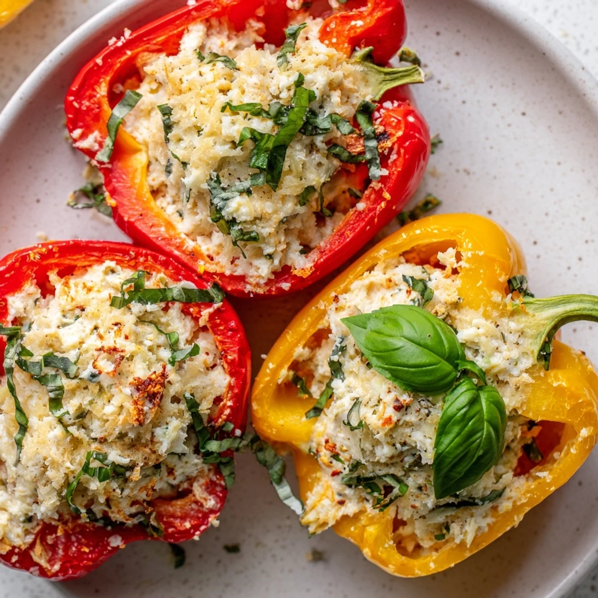 Vibrant platter of Ricotta Stuffed Peppers garnished with basil and served alongside a crisp side salad.
