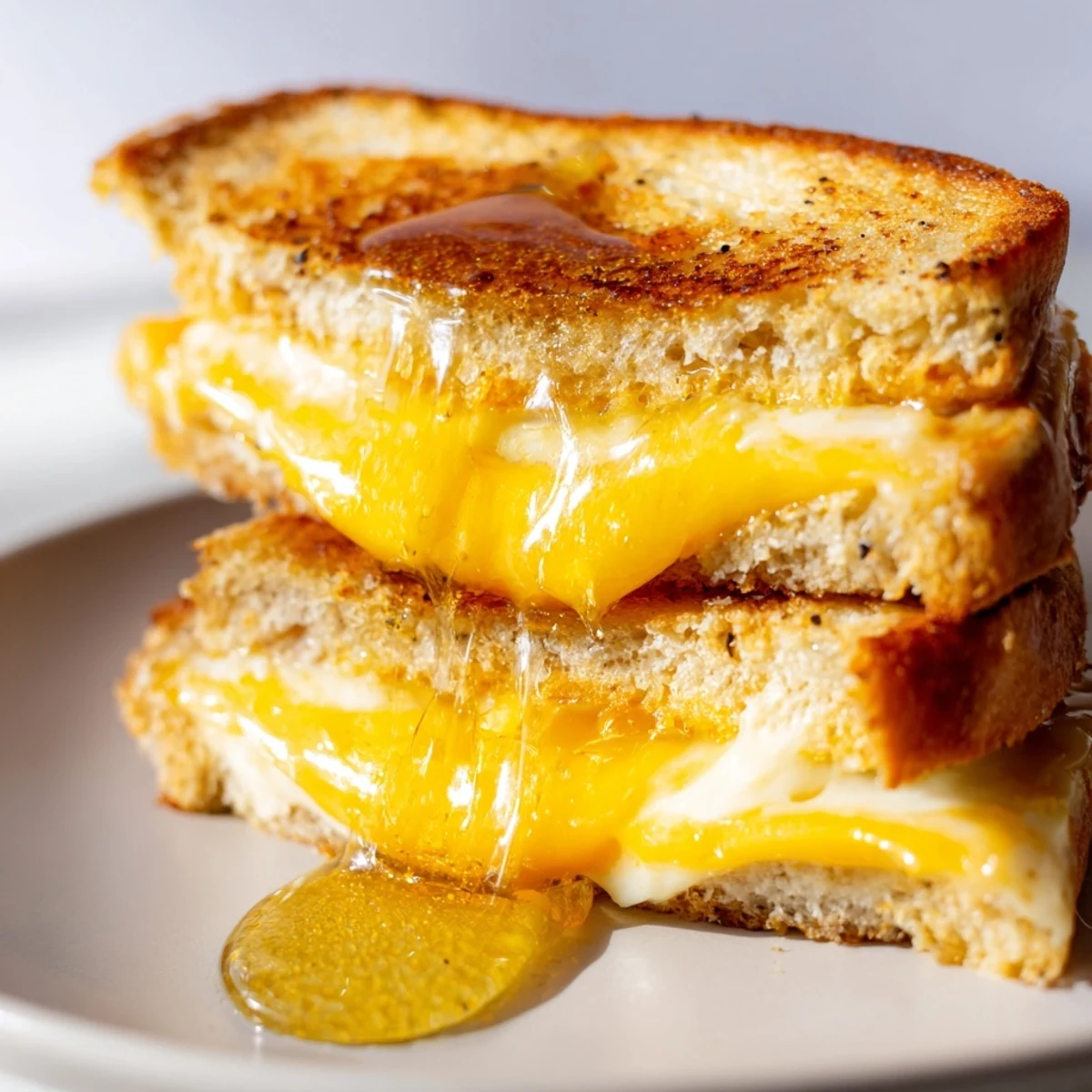 A close-up of the Cheese Grilled Cheese with Honey Bliss, showing melted cheddar and Gruyère oozing from buttery sourdough bread with a sticky honey drizzle.