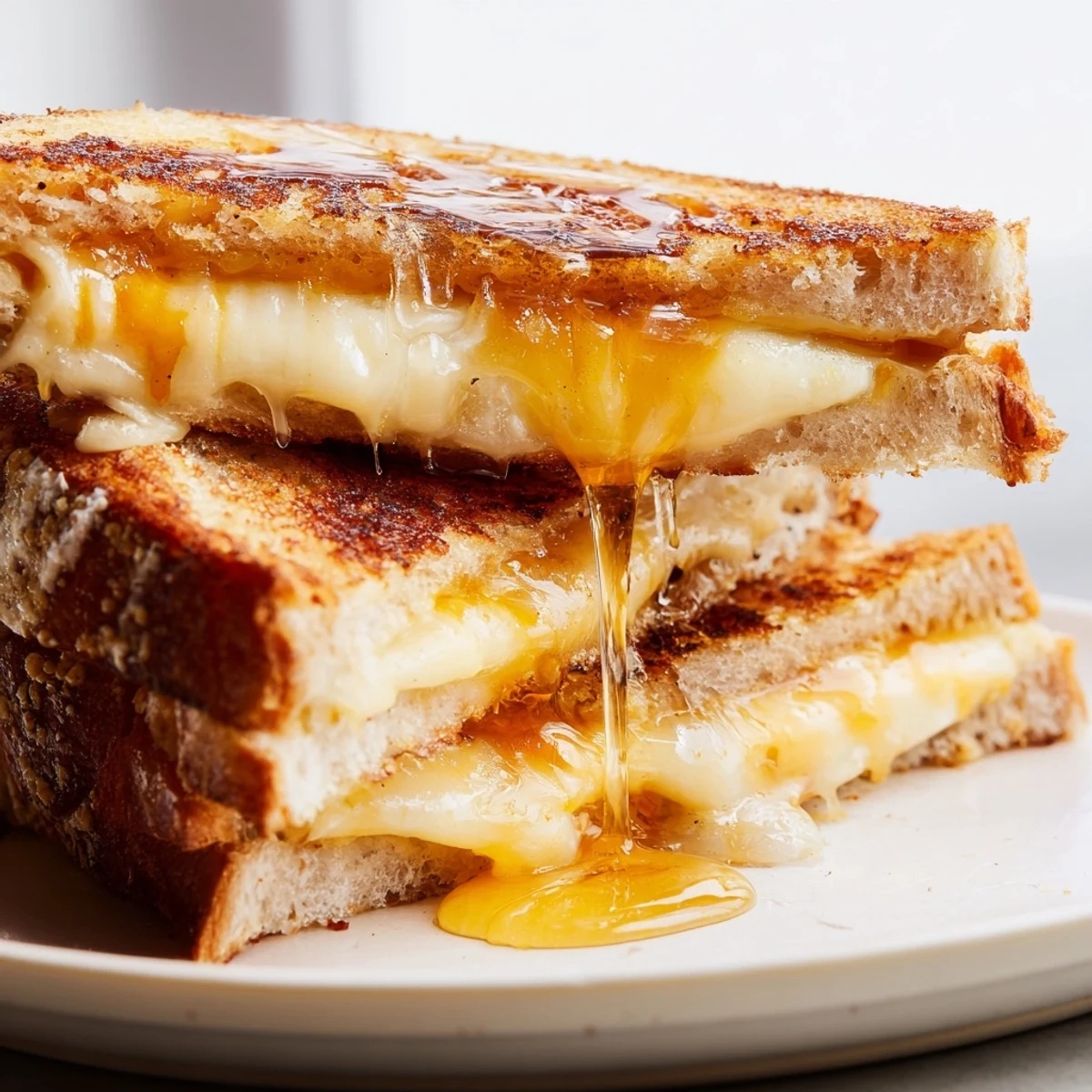 The Cheese Grilled Cheese with Honey Bliss is served warm on a rustic plate, garnished with fresh herbs and a small honey dipper nearby.