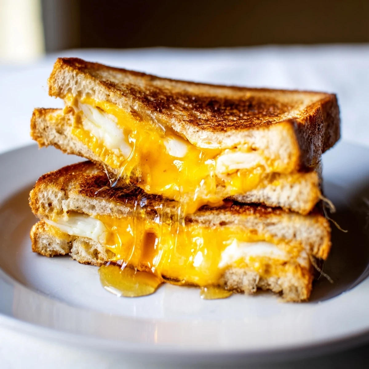 A golden-brown Cheese Grilled Cheese with Honey Bliss sandwich cut in half, revealing layers of gooey mozzarella and sharp cheddar inside.