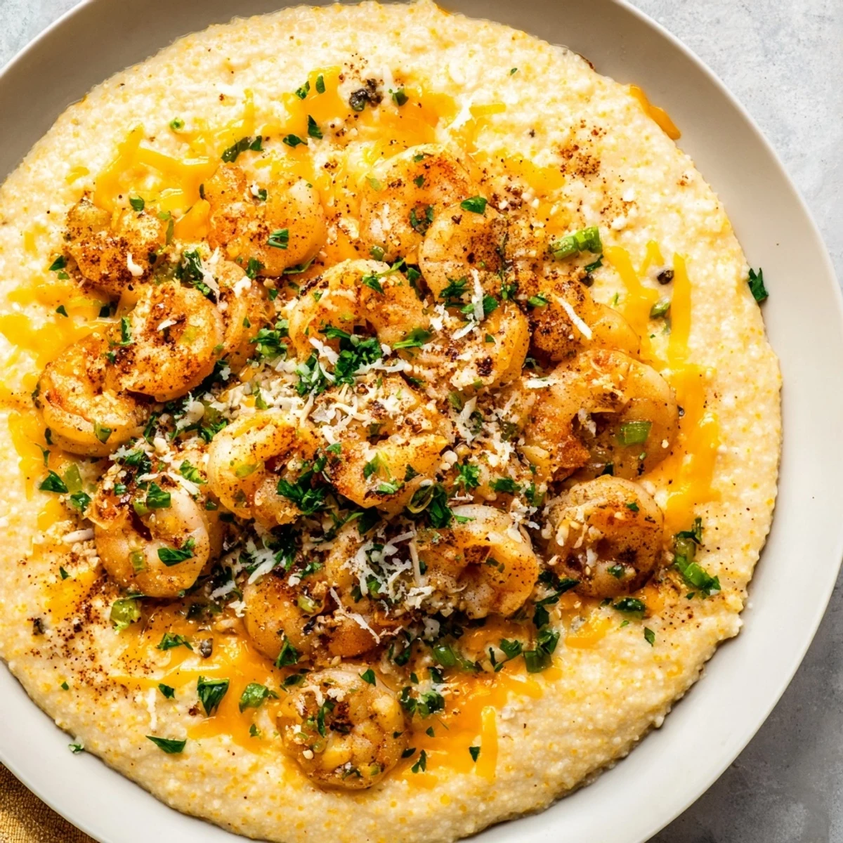 A hearty serving of Easy Shrimp & Grits Casserole with succulent shrimp nestled in creamy, cheesy grits.