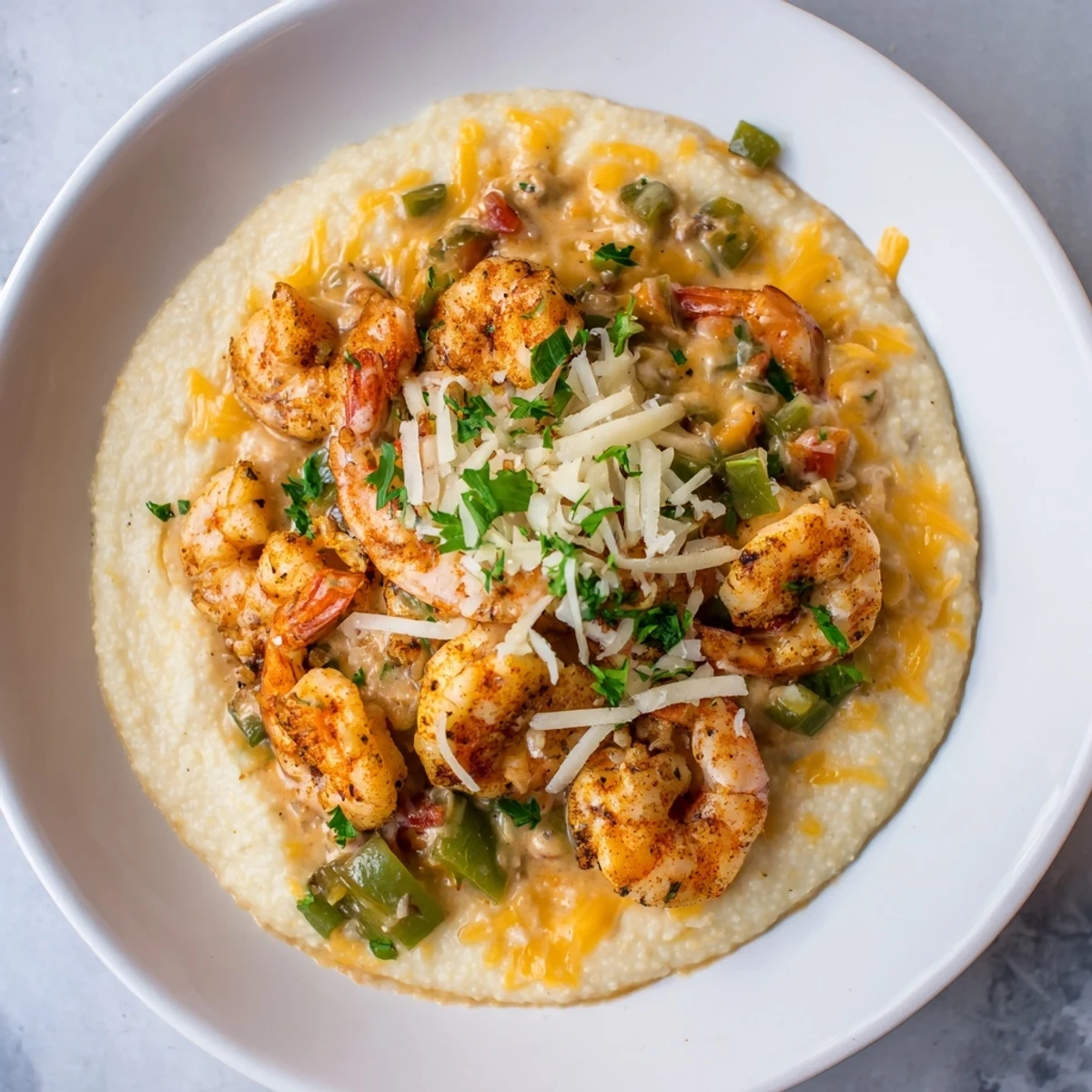 Golden-brown Easy Shrimp & Grits Casserole bubbling with melted Monterey Jack cheese and garnished with fresh parsley.