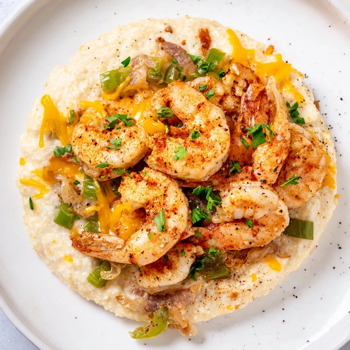 Close-up of Easy Shrimp & Grits Casserole revealing a savory blend of shrimp, peppers, and melted cheese topping.