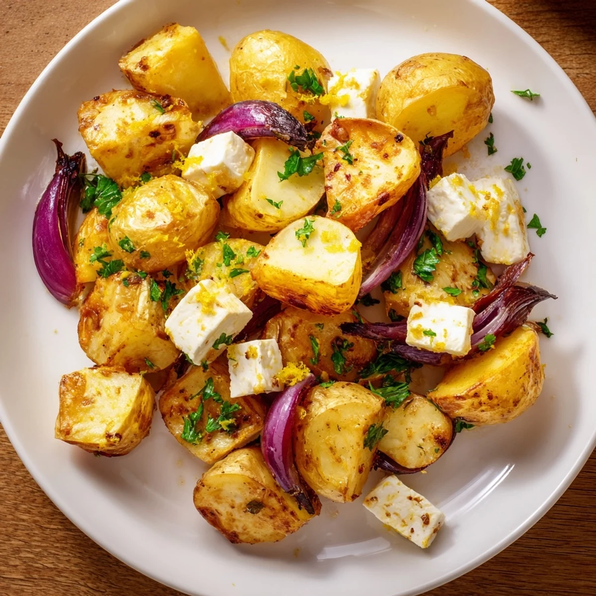 Golden Baked Feta Potatoes with Lemon topped with fresh parsley in a baking dish.