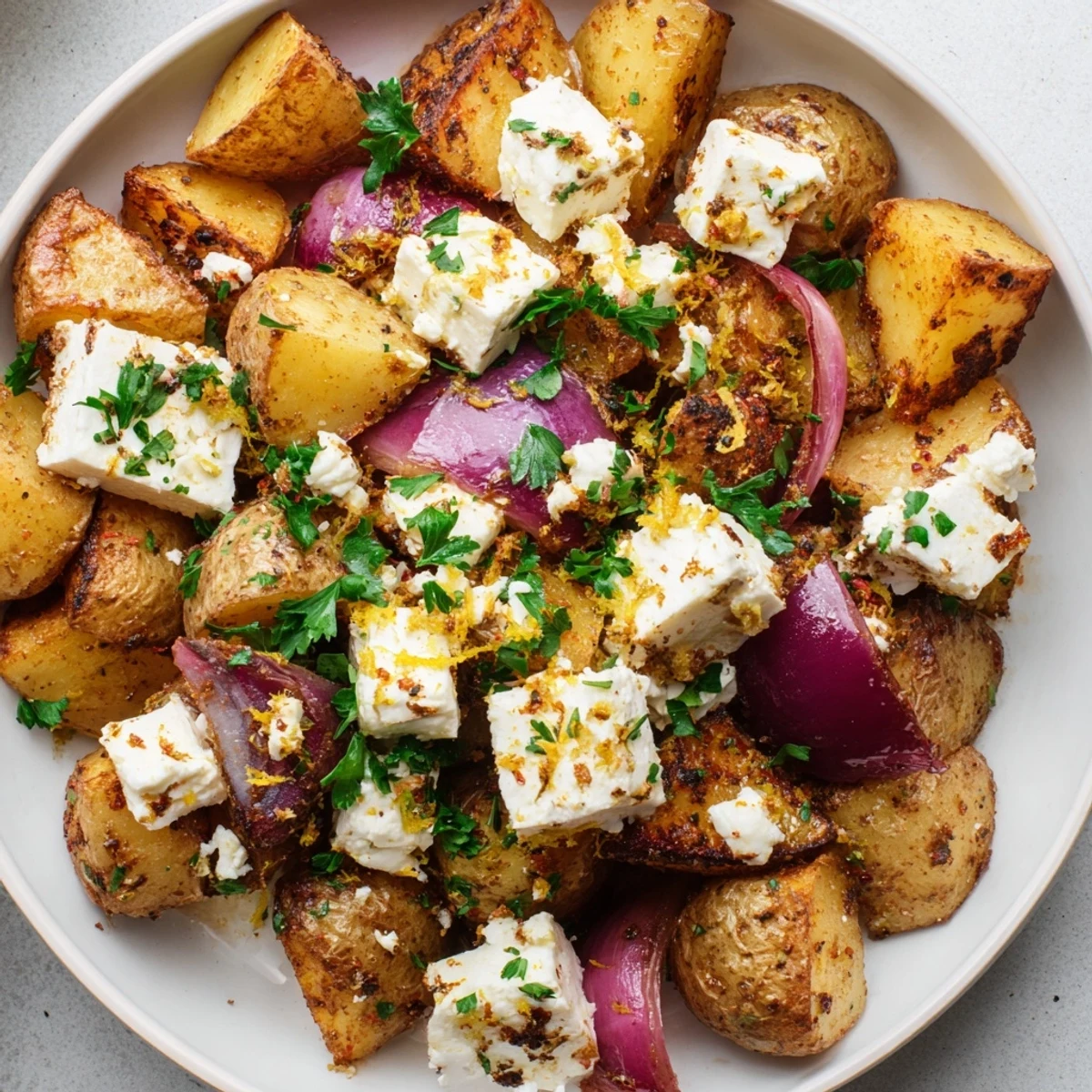 Baked Feta Potatoes with Lemon paired with grilled chicken for a complete Mediterranean meal.
