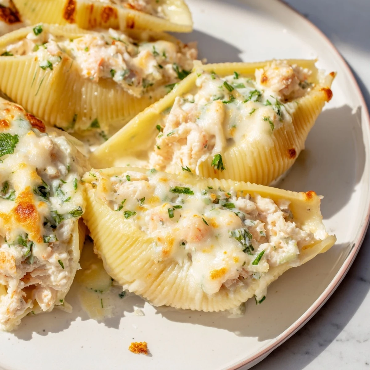 A close-up of Creamy Seafood Stuffed Shells garnished with fresh parsley, ready to serve for dinner.