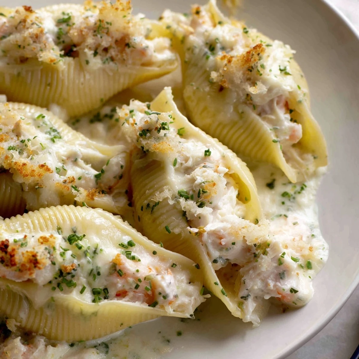 Golden-brown Creamy Seafood Stuffed Shells bubbling with shrimp and crab in a white wine sauce on a baking dish.