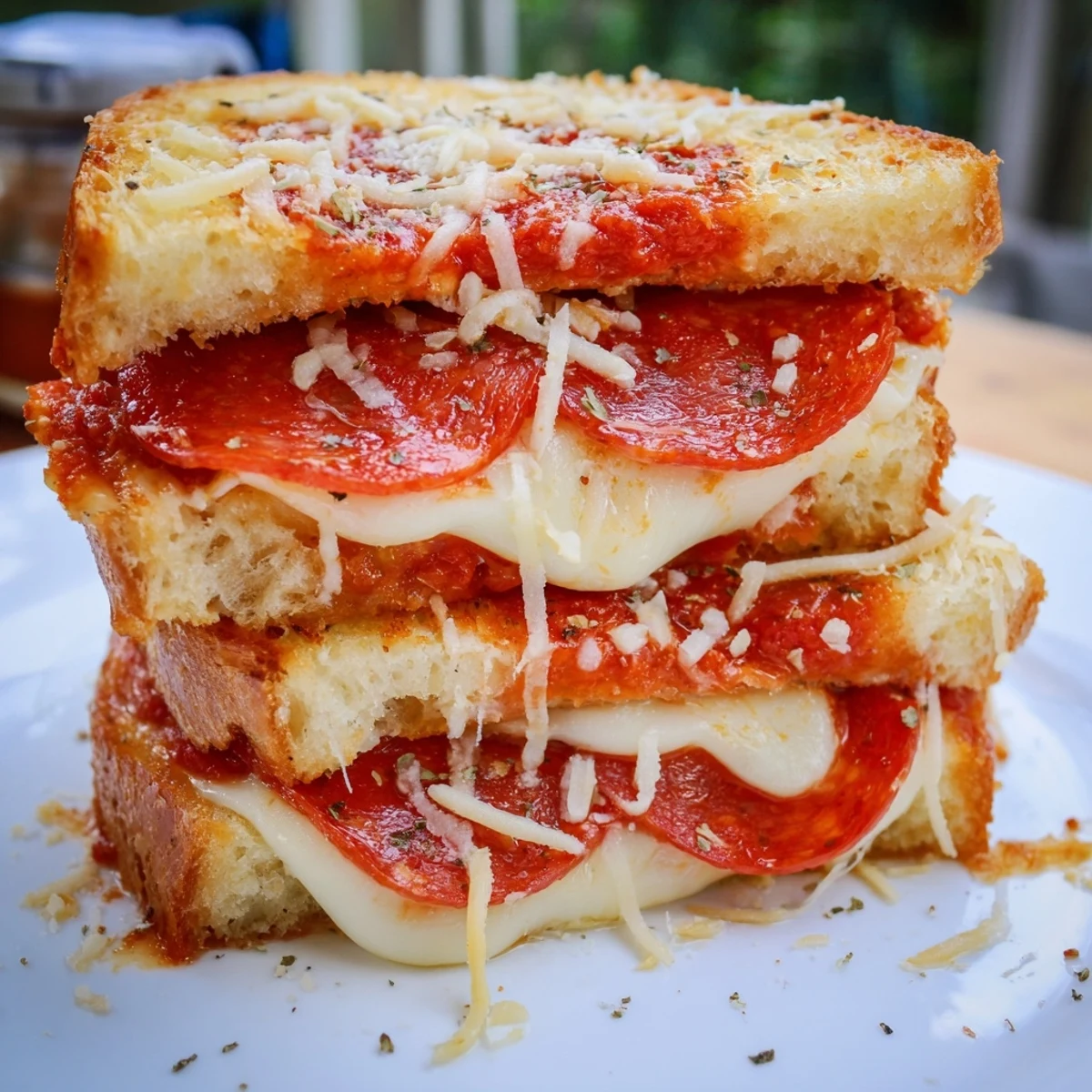 Golden-brown Pizza Grilled Cheese sandwich oozing melted mozzarella and pepperoni on sourdough bread.