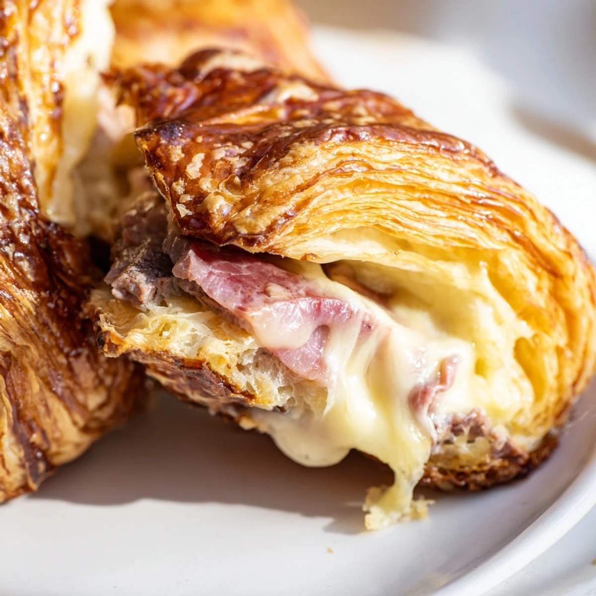 Flaky Easy Air Fryer Beef Ham Cheese Croissants stacked on a plate with melted cheese oozing out.
