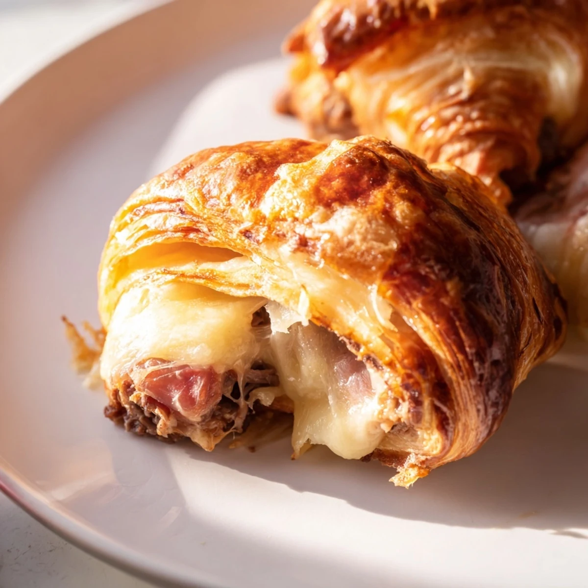 Savory Easy Air Fryer Beef Ham Cheese Croissants served warm with a side of dipping sauce.
