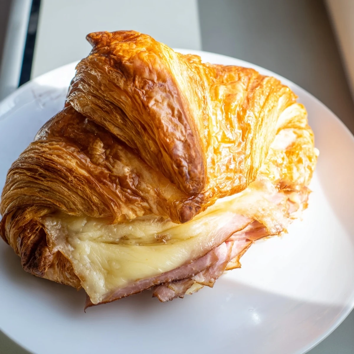 Golden brown Easy Air Fryer Beef Ham Cheese Croissants placed on a wooden board for serving.