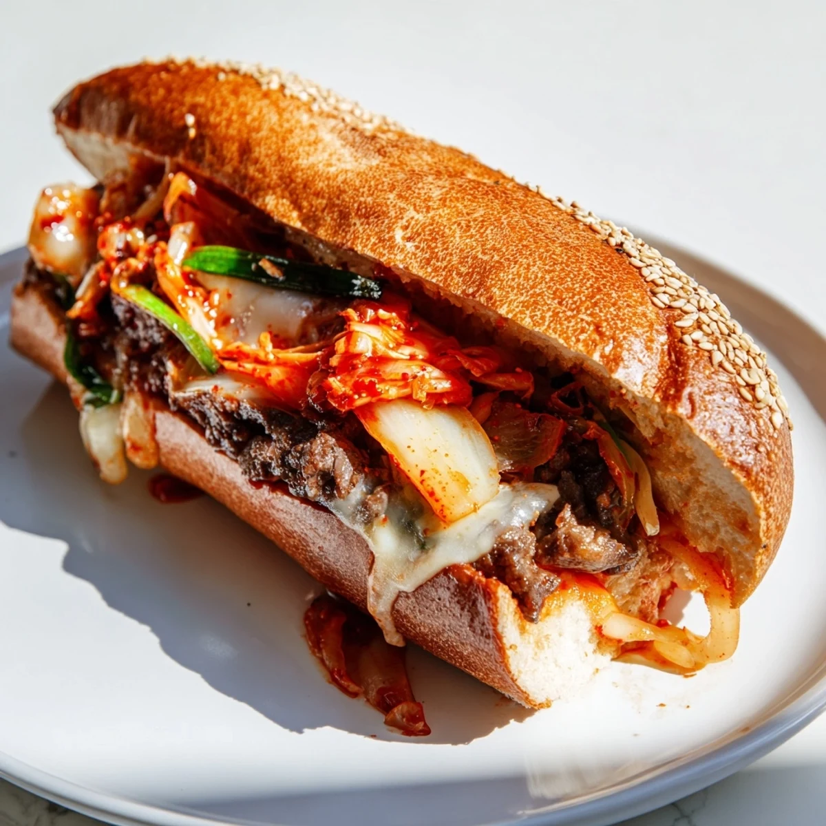 Close-up of the Irresistible Korean Kimchi Bulgogi Cheesesteak with melted provolone and toasted hoagie roll.