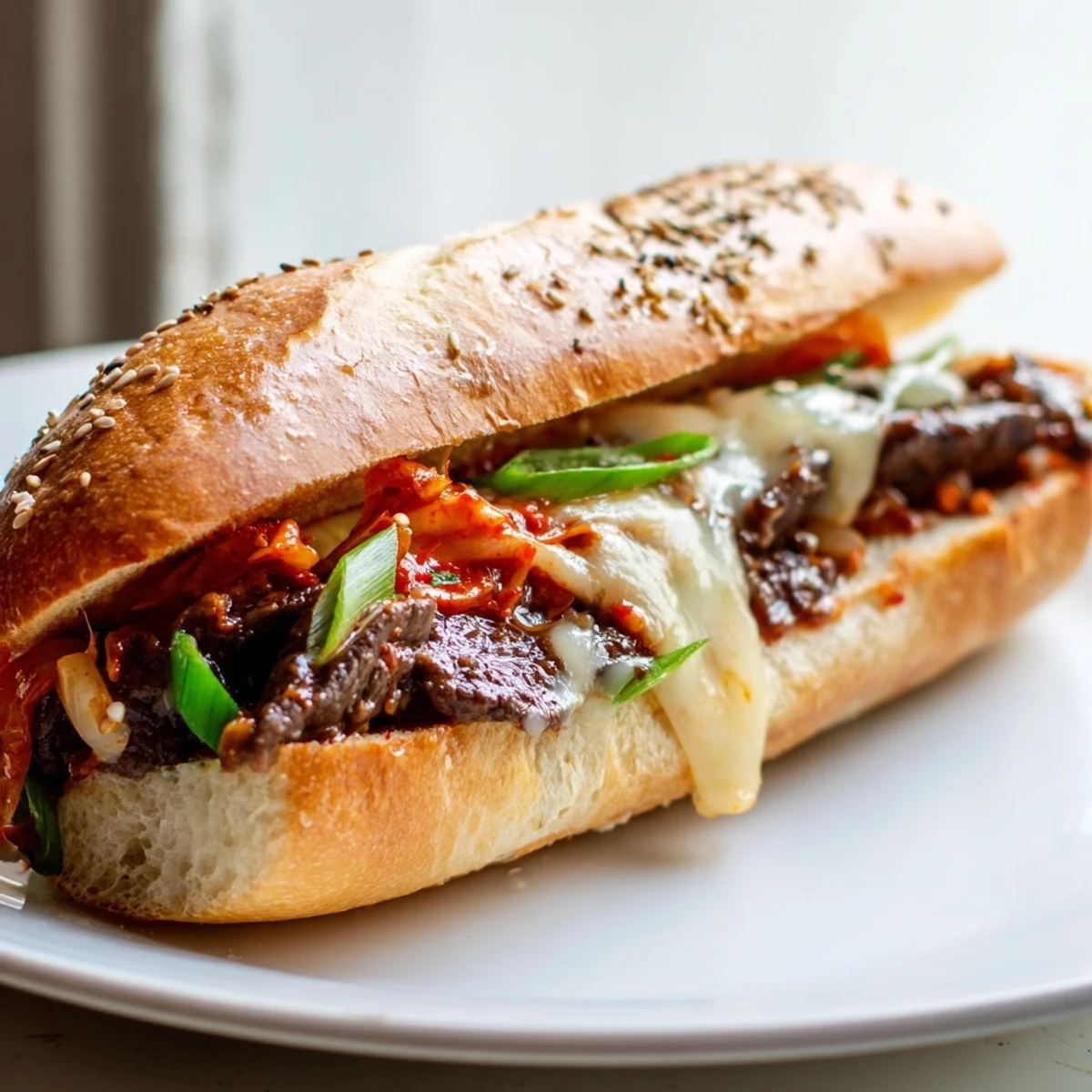 The Irresistible Korean Kimchi Bulgogi Cheesesteak served hot, garnished with scallions and sesame seeds on a plate.