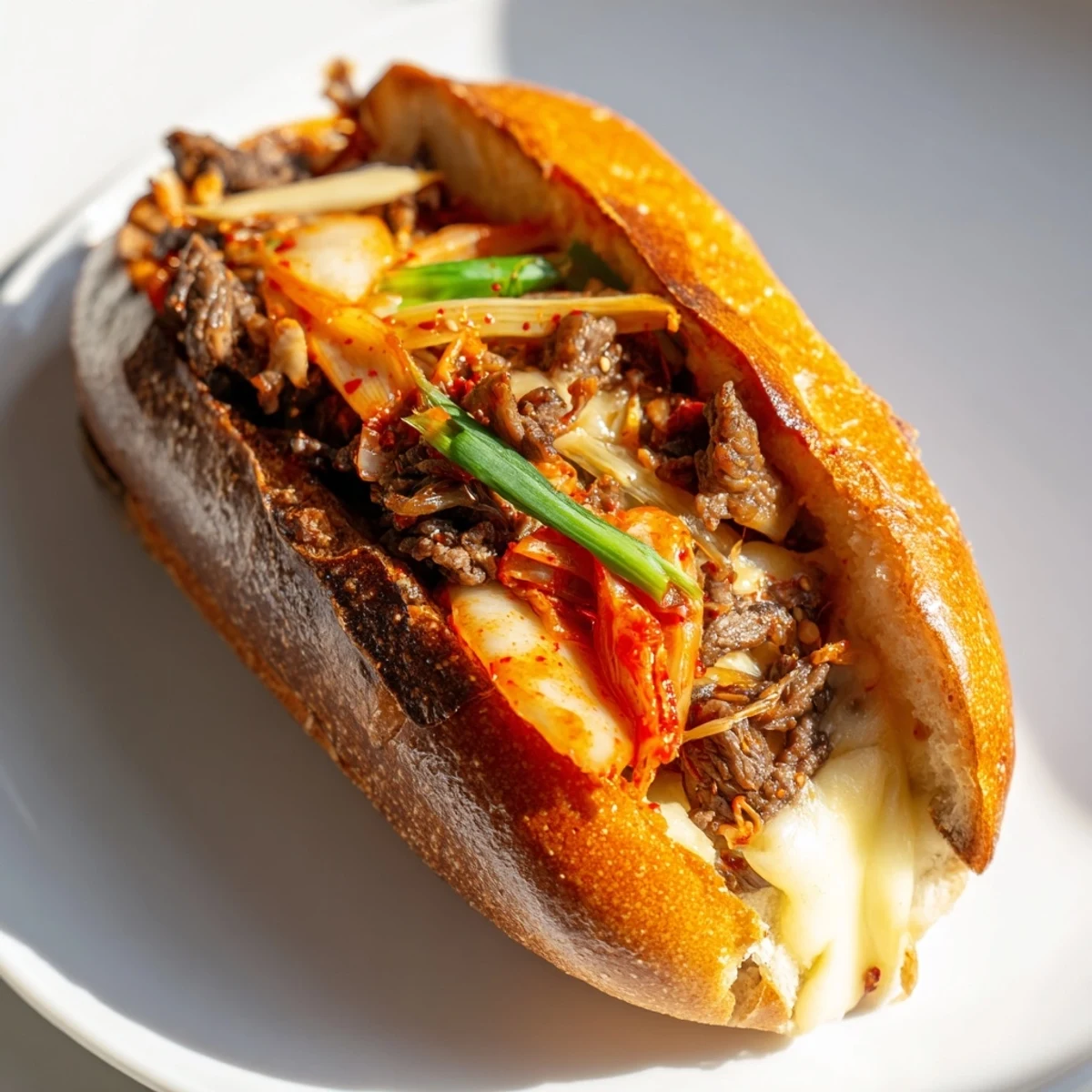 Sizzling bulgogi beef and vibrant kimchi fill the toasted roll in this Irresistible Korean Kimchi Bulgogi Cheesesteak.