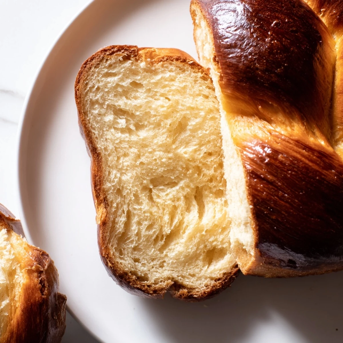A sliced loaf of Milk Brioche, perfect for serving with jam or honey on a cozy breakfast table.