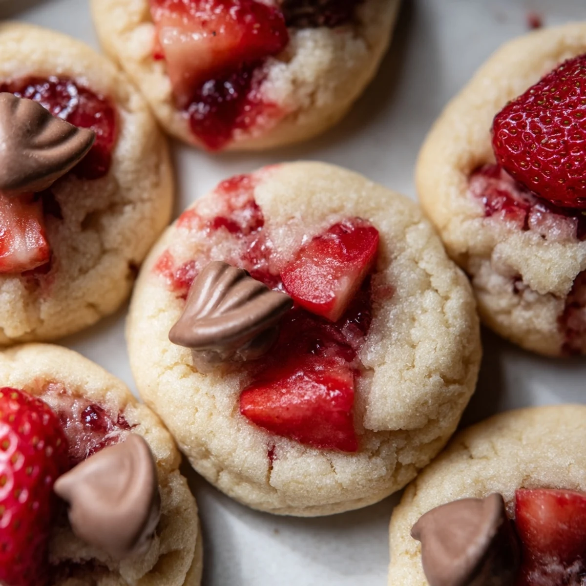 Strawberry Kiss Cookies rest on a white plate, showcasing melted chocolate centers and fresh strawberry speckles.