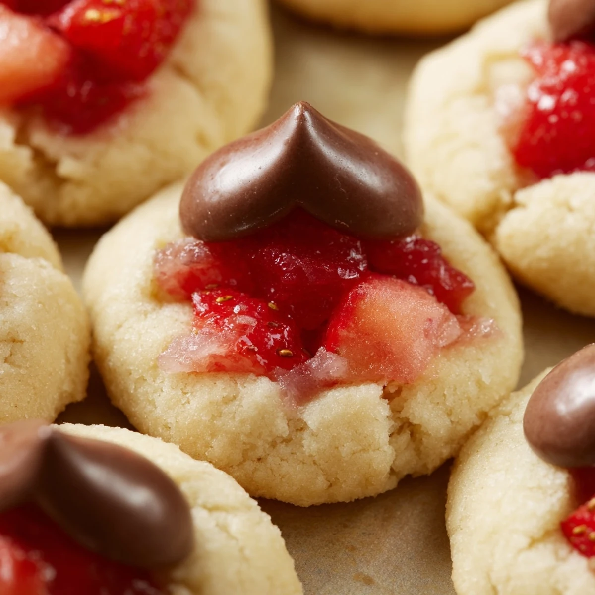 A close-up of Strawberry Kiss Cookies reveals soft, buttery texture and strawberry jam flecks on a marble counter.