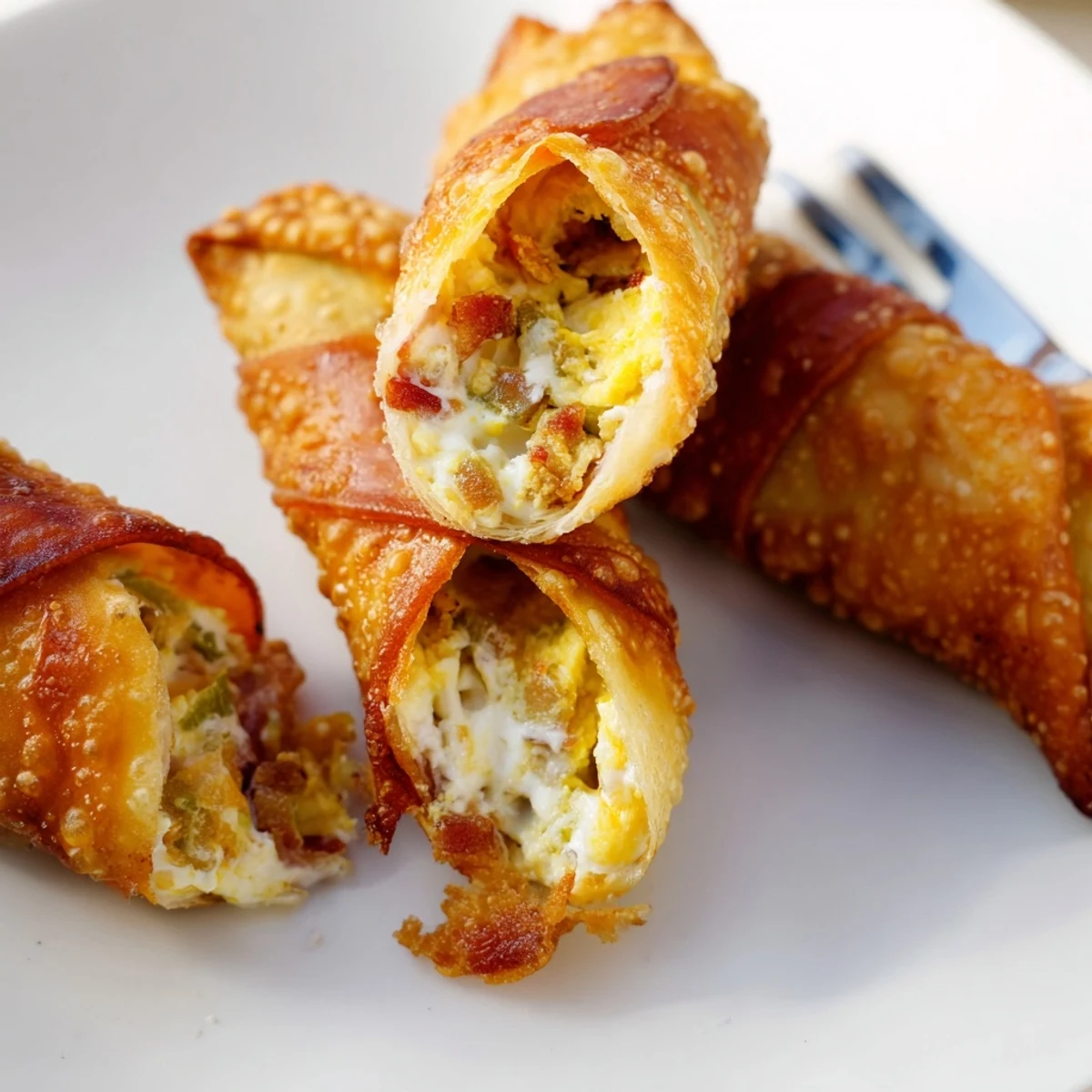 Golden-brown Bacon Jalapeno Popper Eggrolls arranged on a platter with a small bowl of creamy dipping sauce.