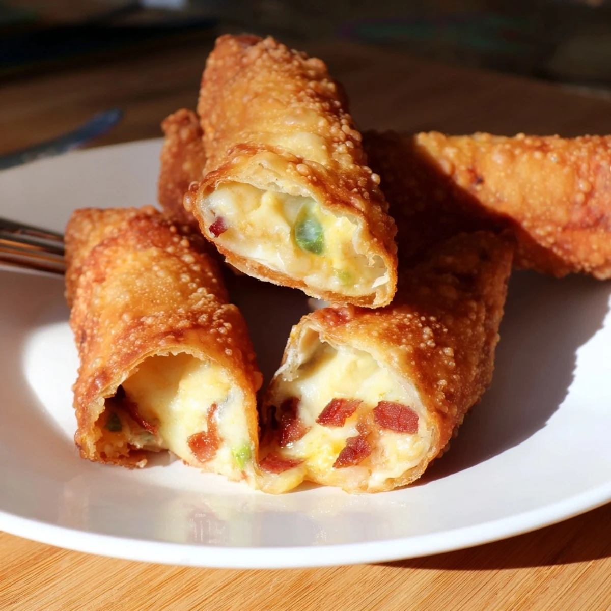 Freshly fried Bacon Jalapeno Popper Eggrolls stacked on a plate, garnished with green onions and served hot.