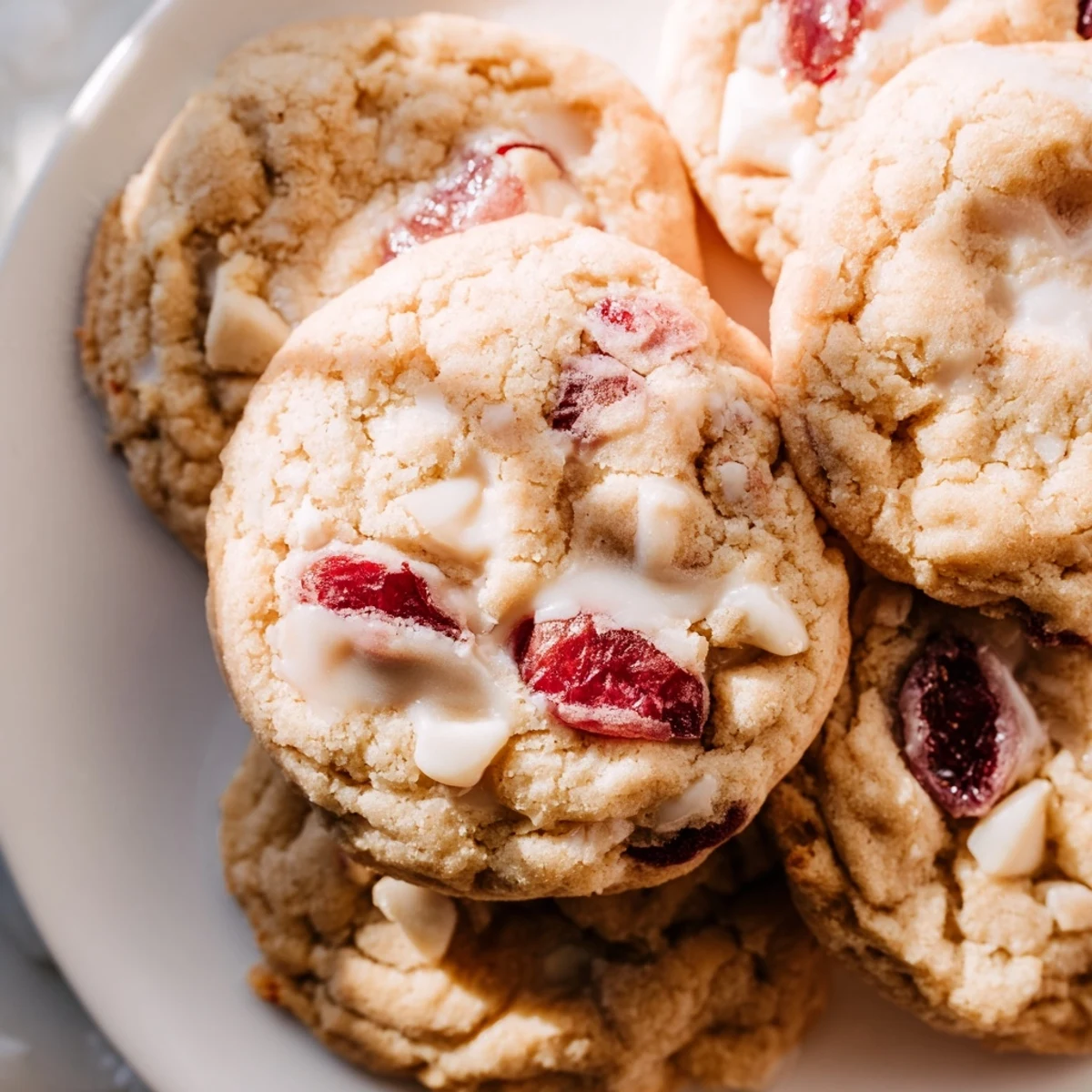 Plate of chewy Irresistible Maraschino Cherry Cookies showing pink cherry bits and white chocolate chips.  