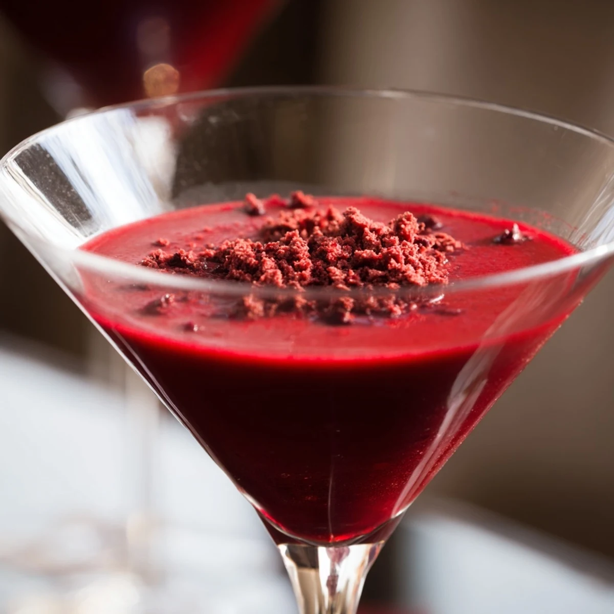 A close-up of a Decadent Red Velvet Martini in a chilled glass, garnished with chocolate shavings and red crumbs. 